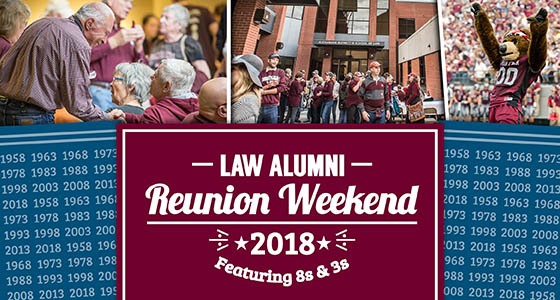 Collage of photos from past law alumni reunion weekends