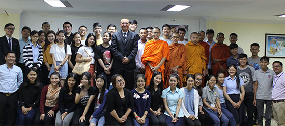 Professor Mills with Cambodian students